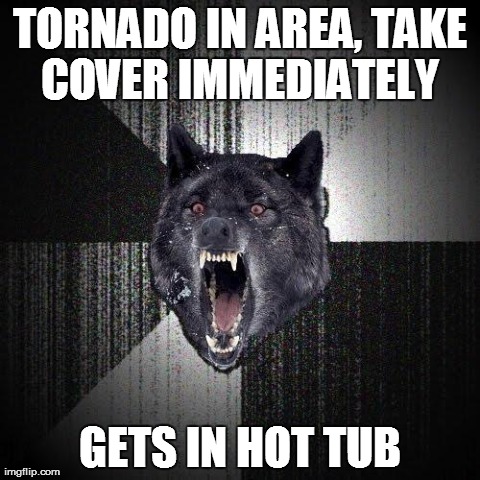 Insanity Wolf Meme | TORNADO IN AREA, TAKE COVER IMMEDIATELY  GETS IN HOT TUB | image tagged in memes,insanity wolf,AdviceAnimals | made w/ Imgflip meme maker