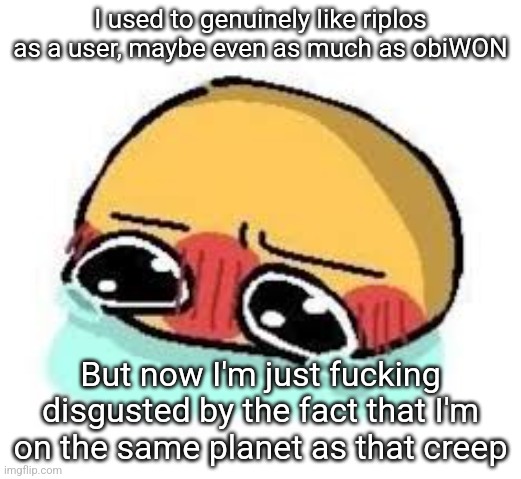 It's like Anti Flag all over again | I used to genuinely like riplos as a user, maybe even as much as obiWON; But now I'm just fucking disgusted by the fact that I'm on the same planet as that creep | image tagged in amb shamb bbbmba | made w/ Imgflip meme maker