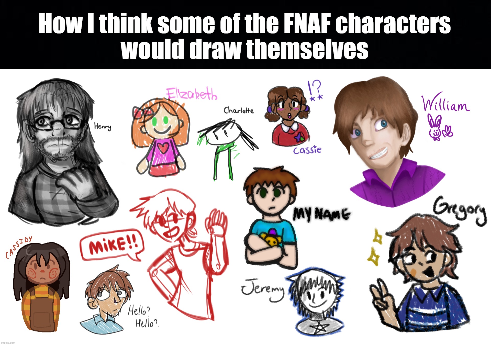 I worked on this all day lol | How I think some of the FNAF characters
would draw themselves | image tagged in fnaf,five nights at freddys,fnaf art,fnaf characters | made w/ Imgflip meme maker