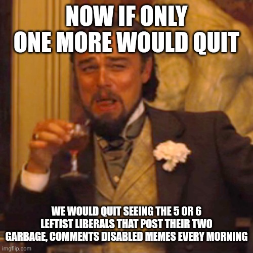 Laughing Leo Meme | NOW IF ONLY ONE MORE WOULD QUIT WE WOULD QUIT SEEING THE 5 OR 6 LEFTIST LIBERALS THAT POST THEIR TWO GARBAGE, COMMENTS DISABLED MEMES EVERY  | image tagged in memes,laughing leo | made w/ Imgflip meme maker