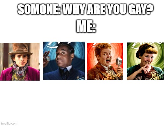 wonka movie was so good i had to see it in cinemas 3 times | ME:; SOMONE: WHY ARE YOU GAY? | image tagged in blank white template | made w/ Imgflip meme maker