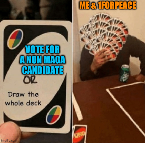 Same Page | ME & 1FORPEACE; VOTE FOR A NON MAGA CANDIDATE | image tagged in uno draw the whole deck,funny memes,memes | made w/ Imgflip meme maker