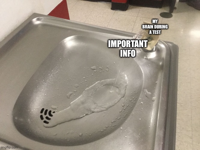 Water Fountain | MY BRAIN DURING A TEST; IMPORTANT INFO | image tagged in water fountain | made w/ Imgflip meme maker