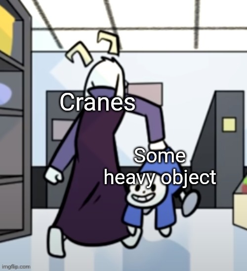 Cranes lift heavy things | Cranes; Some heavy object | image tagged in asriel carrying sans,jpfan102504 | made w/ Imgflip meme maker