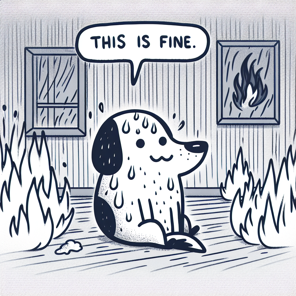High Quality "This is fine" dog sitting in a room engulfed in flames. The dog Blank Meme Template
