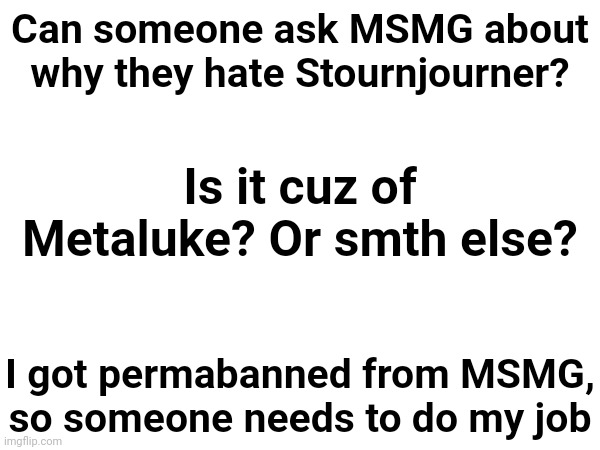 Can someone ask MSMG about why they hate Stournjourner? Is it cuz of Metaluke? Or smth else? I got permabanned from MSMG, so someone needs to do my job | made w/ Imgflip meme maker