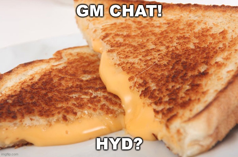 this is like the latest i've woken up in my life | GM CHAT! HYD? | image tagged in grilled cheese | made w/ Imgflip meme maker
