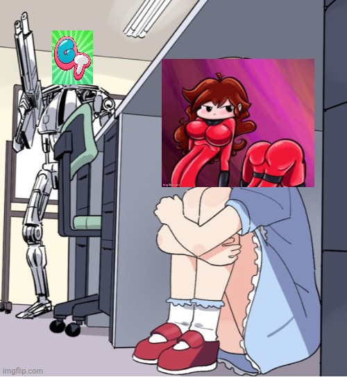 WE MUST DEFEND HER! | image tagged in anime girl hiding from terminator | made w/ Imgflip meme maker