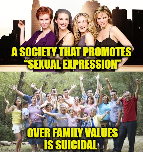 Why do we hate ourselves? | A SOCIETY THAT PROMOTES
 “SEXUAL EXPRESSION”; OVER FAMILY VALUES
 IS SUICIDAL | image tagged in family | made w/ Imgflip meme maker