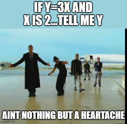 Backstreet Math | IF Y=3X AND X IS 2...TELL ME Y; AINT NOTHING BUT A HEARTACHE | image tagged in backstreet boys - i want it that way | made w/ Imgflip meme maker