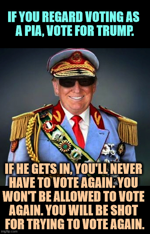 El Pendejo Presidente | IF YOU REGARD VOTING AS 
A PIA, VOTE FOR TRUMP. IF HE GETS IN, YOU'LL NEVER 

HAVE TO VOTE AGAIN. YOU 
WON'T BE ALLOWED TO VOTE 
AGAIN. YOU WILL BE SHOT 
FOR TRYING TO VOTE AGAIN. | image tagged in generalissimo caudillo dictator trump,trump,dictator,life,voting | made w/ Imgflip meme maker