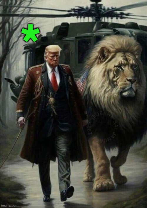 Donald Trump with lion AI art | * | image tagged in donald trump with lion ai art | made w/ Imgflip meme maker