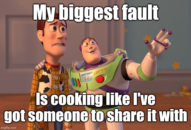 My biggest fault | My biggest fault; Is cooking like I've got someone to share it with | image tagged in memes,x x everywhere | made w/ Imgflip meme maker