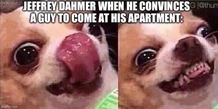 Hungry dog | JEFFREY DAHMER WHEN HE CONVINCES A GUY TO COME AT HIS APARTMENT: | image tagged in hungry dog,jeffrey dahmer,cannibalism,cannibals,corpses,men | made w/ Imgflip meme maker