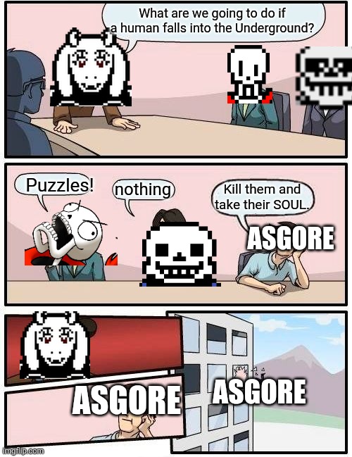 Bonetrousle, Megalovania and Ruins slowly intensifies* | What are we going to do if a human falls into the Underground? Puzzles! nothing; Kill them and take their SOUL. ASGORE; ASGORE; ASGORE | image tagged in memes,boardroom meeting suggestion,no | made w/ Imgflip meme maker