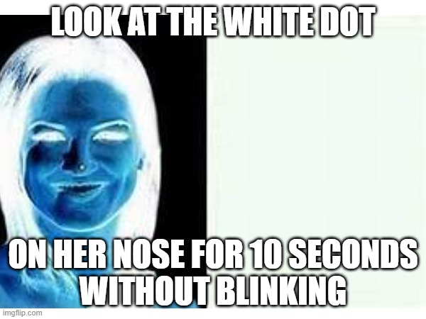 Isn't this fun- im kyl- is a vie- | LOOK AT THE WHITE DOT; ON HER NOSE FOR 10 SECONDS
WITHOUT BLINKING | image tagged in optical illusion | made w/ Imgflip meme maker