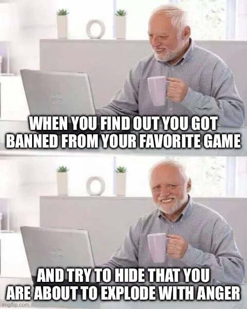 Hide the Pain Harold | WHEN YOU FIND OUT YOU GOT BANNED FROM YOUR FAVORITE GAME; AND TRY TO HIDE THAT YOU ARE ABOUT TO EXPLODE WITH ANGER | image tagged in memes,hide the pain harold | made w/ Imgflip meme maker