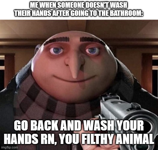 please just wash your hands | ME WHEN SOMEONE DOESN'T WASH THEIR HANDS AFTER GOING TO THE BATHROOM:; GO BACK AND WASH YOUR HANDS RN, YOU FILTHY ANIMAL | image tagged in gru gun,wash your hands,sick,illness,hands,memes | made w/ Imgflip meme maker