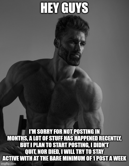 Giga Chad | HEY GUYS; I'M SORRY FOR NOT POSTING IN MONTHS, A LOT OF STUFF HAS HAPPENED RECENTLY, BUT I PLAN TO START POSTING, I DIDN'T QUIT, NOR DIED, I WILL TRY TO STAY ACTIVE WITH AT THE BARE MINIMUM OF 1 POST A WEEK | image tagged in giga chad | made w/ Imgflip meme maker