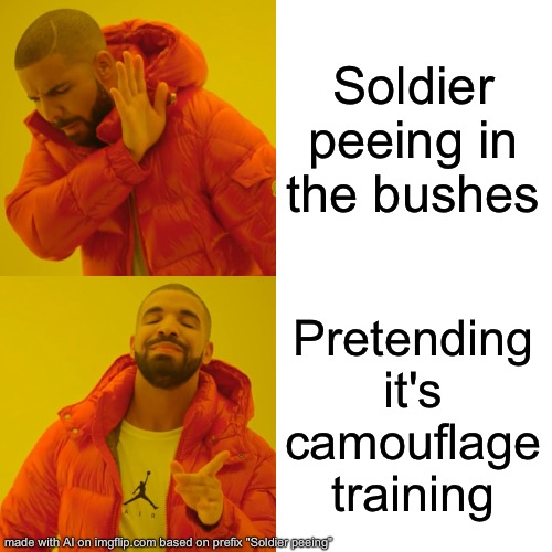 First attempt at an AI meme | Soldier peeing in the bushes; Pretending it's camouflage training | image tagged in memes,drake hotline bling | made w/ Imgflip meme maker