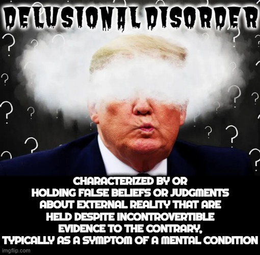 DELUSIONAL DISORDER | DELUSIONAL DISORDER; CHARACTERIZED BY OR HOLDING FALSE BELIEFS OR JUDGMENTS ABOUT EXTERNAL REALITY THAT ARE HELD DESPITE INCONTROVERTIBLE EVIDENCE TO THE CONTRARY, TYPICALLY AS A SYMPTOM OF A MENTAL CONDITION | image tagged in delusional disorder,delirious,confused,hallucinatory,fantasy,derangement | made w/ Imgflip meme maker