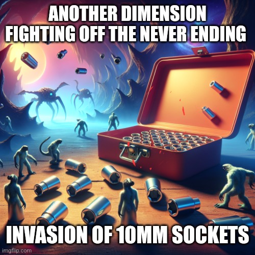 Where's my 10mm socket? | ANOTHER DIMENSION FIGHTING OFF THE NEVER ENDING; INVASION OF 10MM SOCKETS | image tagged in guys,work,tools,dad joke,dads,guys only want one thing | made w/ Imgflip meme maker