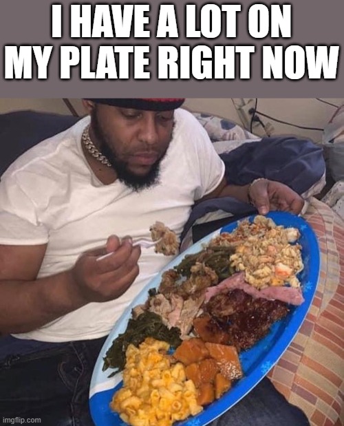 I Have A Lot On My Plate Right Now | I HAVE A LOT ON MY PLATE RIGHT NOW | image tagged in plate,food,food memes,soul food,funny,memes | made w/ Imgflip meme maker