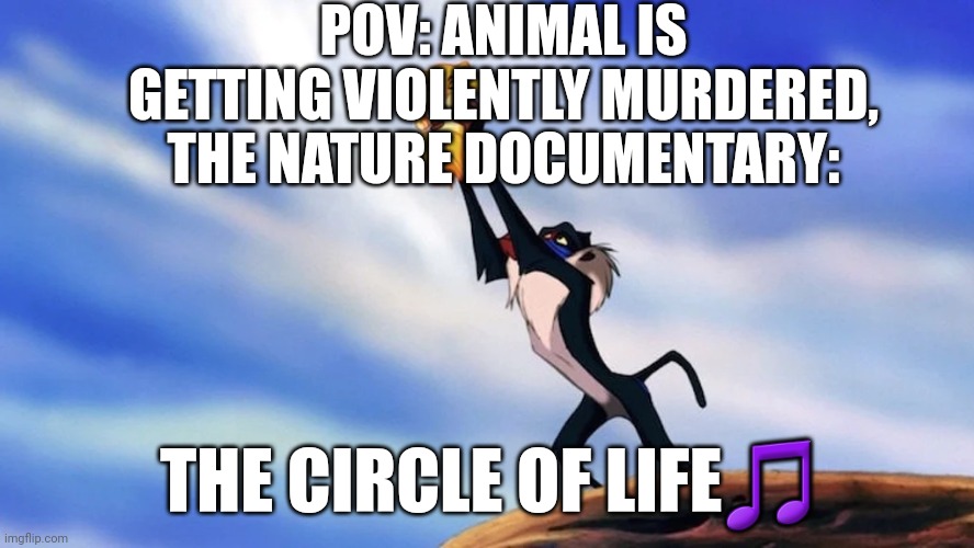 I'm serious | POV: ANIMAL IS GETTING VIOLENTLY MURDERED, THE NATURE DOCUMENTARY:; THE CIRCLE OF LIFE🎵 | image tagged in circle of life,memes,funny memes,meme,funny meme,funny | made w/ Imgflip meme maker