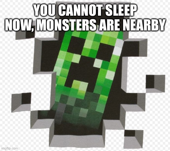Minecraft Creeper | YOU CANNOT SLEEP NOW, MONSTERS ARE NEARBY | image tagged in minecraft creeper | made w/ Imgflip meme maker
