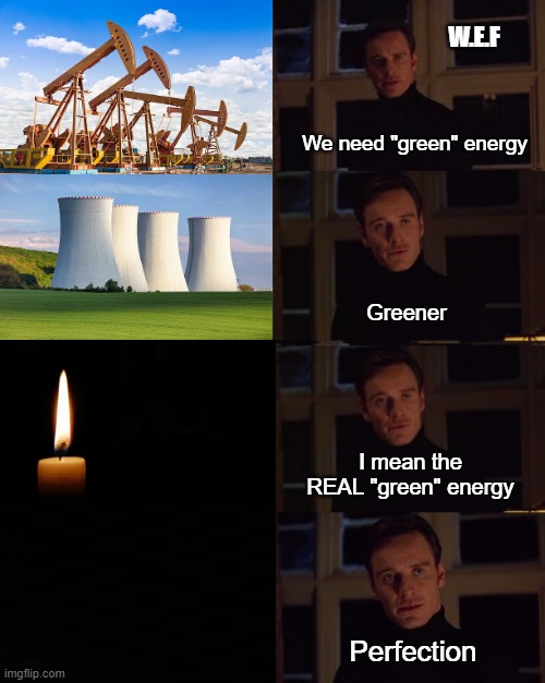 Black is the new green | W.E.F; We need "green" energy; Greener; I mean the REAL "green" energy; Perfection | image tagged in magneto perfection 4 panel meme templae | made w/ Imgflip meme maker