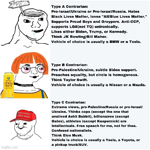 Type A/B/C contrarians (shortened version with summary) | image tagged in memes,chad,stacy,becky,neocon,chud | made w/ Imgflip meme maker