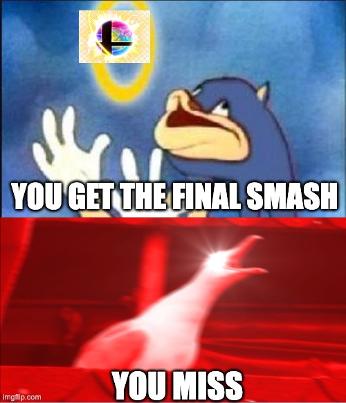 i hate it when this happens | YOU GET THE FINAL SMASH; YOU MISS | image tagged in sonic derp | made w/ Imgflip meme maker