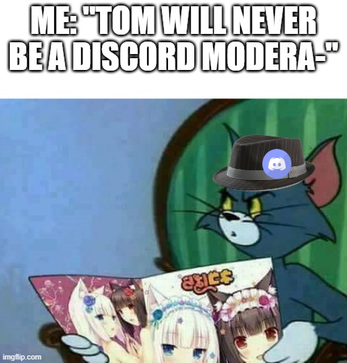 Tom | ME: "TOM WILL NEVER BE A DISCORD MODERA-" | image tagged in tom,discord moderator | made w/ Imgflip meme maker