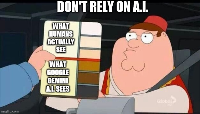 Google is Racist | DON'T RELY ON A.I. WHAT HUMANS ACTUALLY SEE; WHAT GOOGLE GEMINI A.I. SEES | image tagged in peter griffin skin color chart race terrorist blank,leftists,liberals,democrats | made w/ Imgflip meme maker