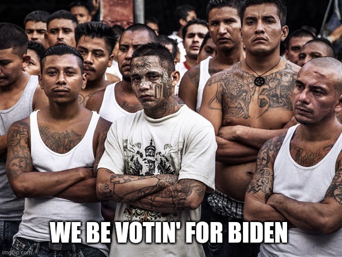 ms-13 dreamers daca | WE BE VOTIN' FOR BIDEN | image tagged in ms-13 dreamers daca | made w/ Imgflip meme maker