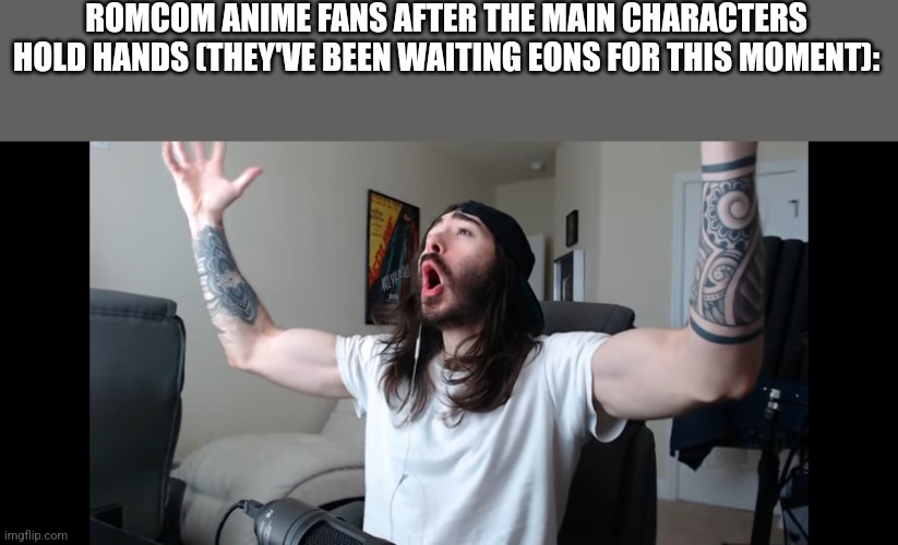Moist critikal screaming | ROMCOM ANIME FANS AFTER THE MAIN CHARACTERS HOLD HANDS (THEY'VE BEEN WAITING EONS FOR THIS MOMENT): | image tagged in moist critikal screaming | made w/ Imgflip meme maker