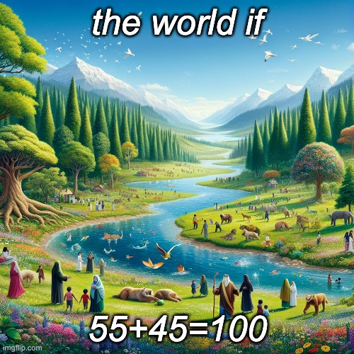 am i wrong? | the world if; 55+45=100 | image tagged in funny,memes,unpopular opinion | made w/ Imgflip meme maker