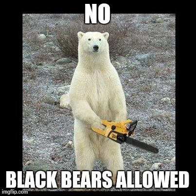 Chainsaw Bear Meme | NO BLACK BEARS ALLOWED | image tagged in memes,chainsaw bear | made w/ Imgflip meme maker