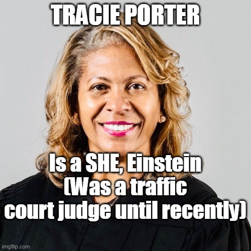 TRACIE PORTER Is a SHE, Einstein
(Was a traffic court judge until recently) | made w/ Imgflip meme maker