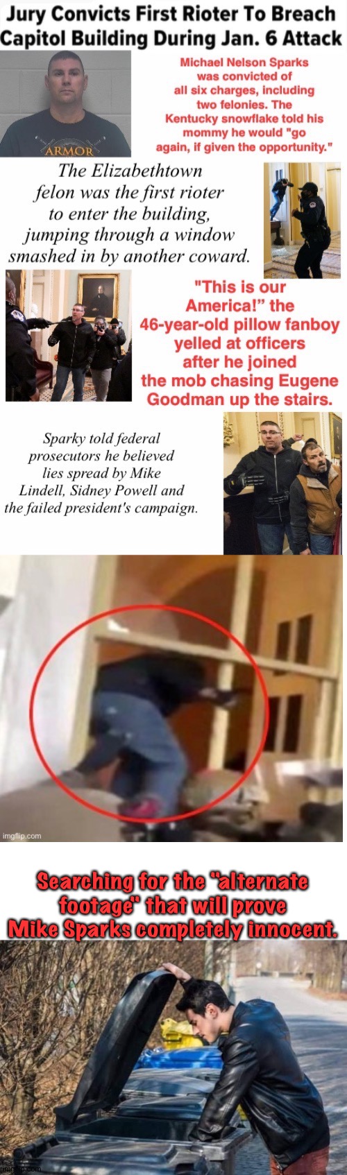 Original meme by zme58 | Searching for the "alternate footage" that will prove Mike Sparks completely innocent. | image tagged in searching for altermate footage,first insurrectionist | made w/ Imgflip meme maker