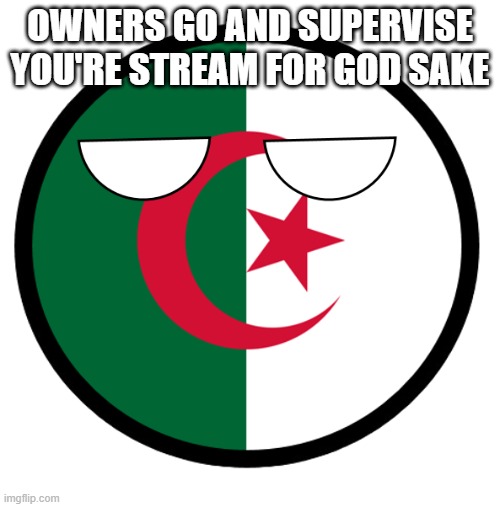 Algeria | OWNERS GO AND SUPERVISE YOU'RE STREAM FOR GOD SAKE | image tagged in algeria | made w/ Imgflip meme maker