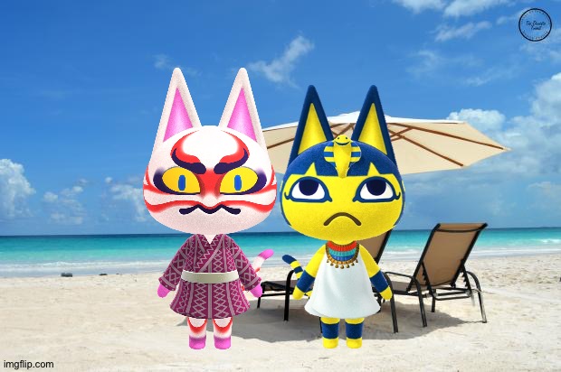 Kabuki and Ankha enjoying a trip at the beach | image tagged in beach,animal crossing | made w/ Imgflip meme maker