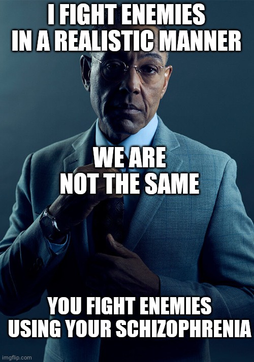 Kiryu vs kasuga fighting style | I FIGHT ENEMIES IN A REALISTIC MANNER; WE ARE NOT THE SAME; YOU FIGHT ENEMIES USING YOUR SCHIZOPHRENIA | image tagged in gus fring we are not the same | made w/ Imgflip meme maker