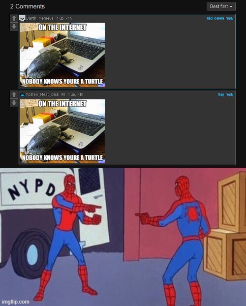 Sauce> https://imgflip.com/i/8huzql?nerp=1709515574#com30302513 | image tagged in spiderman pointing at spiderman | made w/ Imgflip meme maker