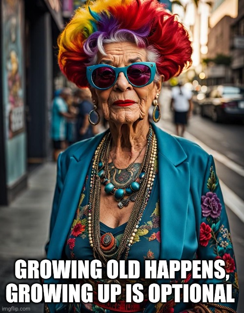 GROWING OLD HAPPENS, GROWING UP IS OPTIONAL | image tagged in middle age,fun,getting old | made w/ Imgflip meme maker