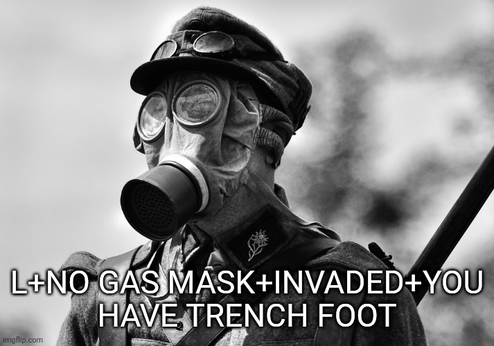 ww1 gas mask | L+NO GAS MASK+INVADED+YOU HAVE TRENCH FOOT | image tagged in ww1 gas mask | made w/ Imgflip meme maker