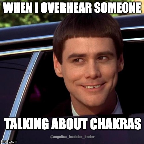 Dumb and Dumber | WHEN I OVERHEAR SOMEONE; TALKING ABOUT CHAKRAS; @angelica_feminine_healer | image tagged in dumb and dumber | made w/ Imgflip meme maker