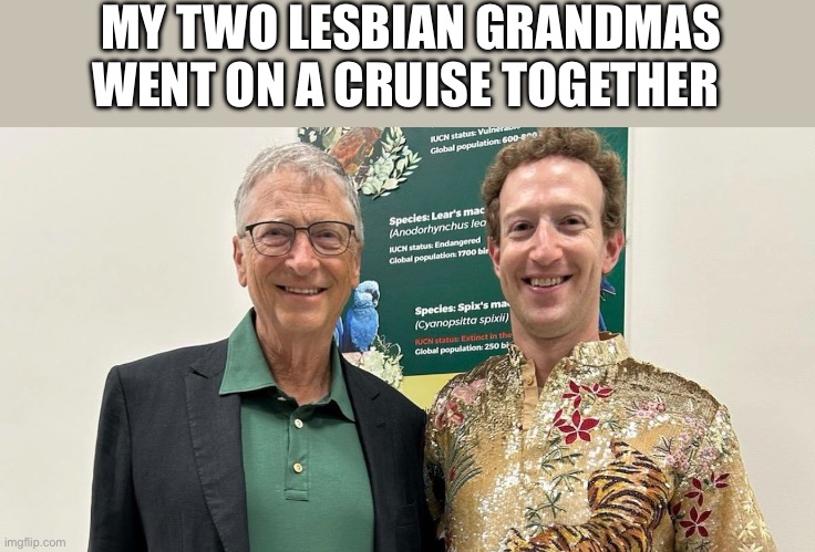 Bill Gates And Zuckerberg | MY TWO LESBIAN GRANDMAS WENT ON A CRUISE TOGETHER | image tagged in bill gates,mark zuckerberg,lgbtq,lesbian,funny memes,funny | made w/ Imgflip meme maker