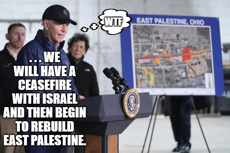 Joe Biden | WTF; . . . WE WILL HAVE A CEASEFIRE WITH ISRAEL AND THEN BEGIN TO REBUILD EAST PALESTINE. | image tagged in joe biden | made w/ Imgflip meme maker