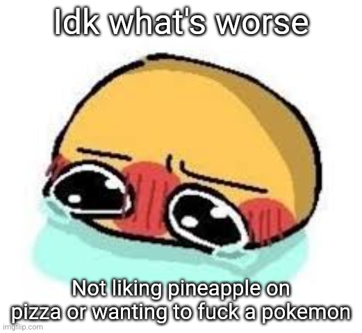 amb shamb bbbmba | Idk what's worse; Not liking pineapple on pizza or wanting to fuck a pokemon | image tagged in amb shamb bbbmba | made w/ Imgflip meme maker